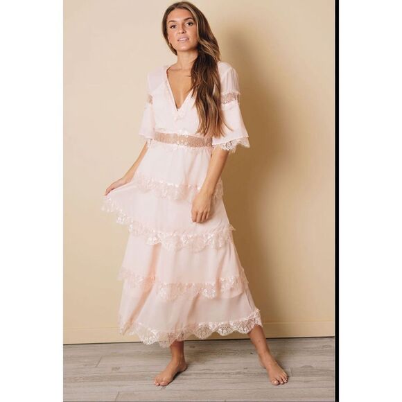 Vintage Inspired Long Pink Layered V Neck Half Sleeves Maxi Dress Women size XL - Picture 1 of 15